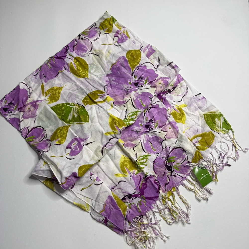 KATE SPADE Floral Scarf Garden Party Lavender Fringe